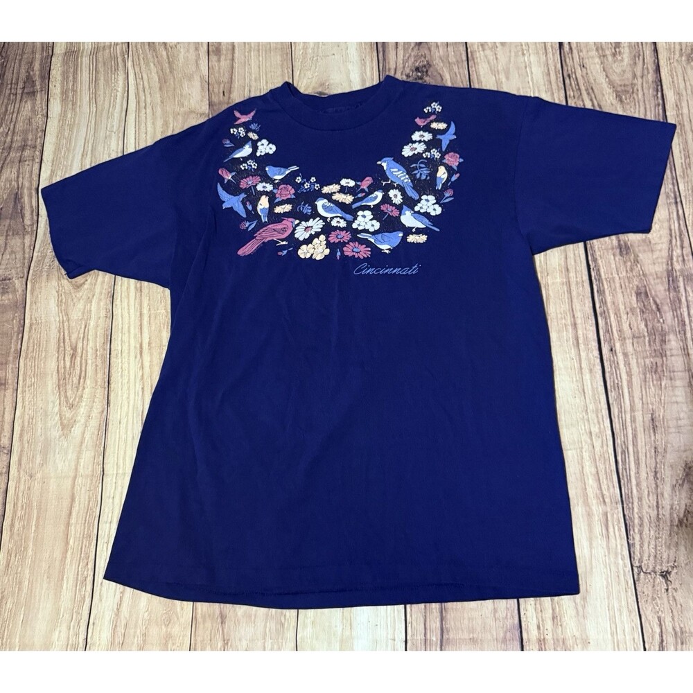 Hanes Vintage Cincinnati Grandma Floral Blue Bird Cardinal T Shirt Size XL
